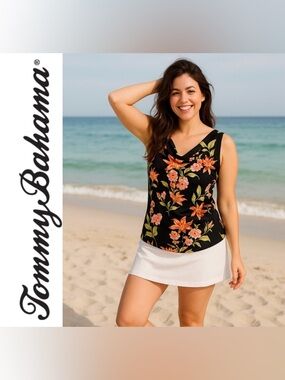 Tommy Bahama Black Floral Cowl Neck Tank Top, Large